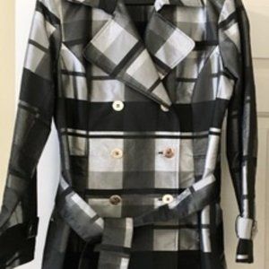 CC Couture Black Gray and Silver Plaid Trench Coat Size Large